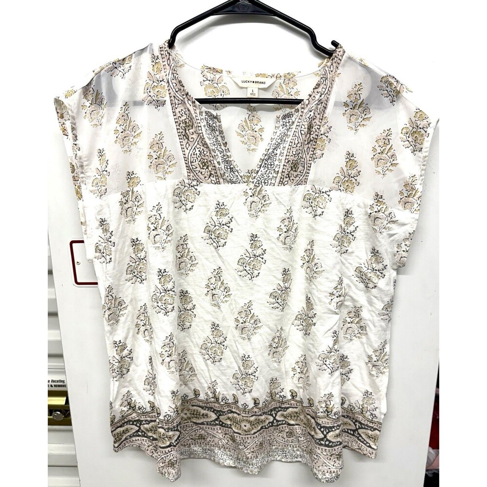 Lucky Brand Blouse Top Women's L White Beige Paisley Boho Split Neck NWOT